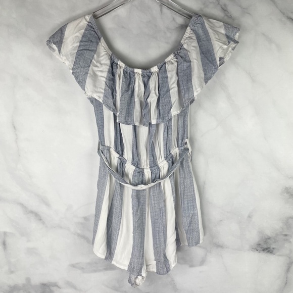 LF Seek the Label Off-the-Shoulder Striped Ruffle Belted Romper Boho Retro S - Picture 2 of 9